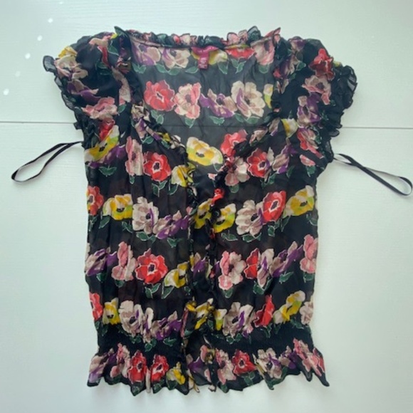 Ted Baker Silk Ruffled Blouse Black Floral Cap Sleeve Stretchy Boho Size 2 - Picture 8 of 13